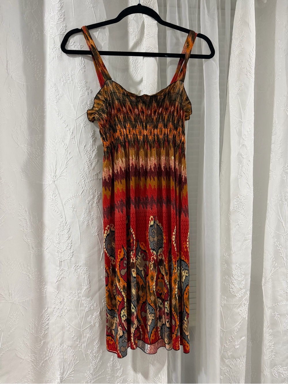 Smocked Midi Dress in Red Multi Floral-Print